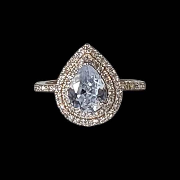 Jewelry - Pear-Cut Double Halo Engagement Ring CZ 925 Sterling 1.5cm Length Good Cond 7.75